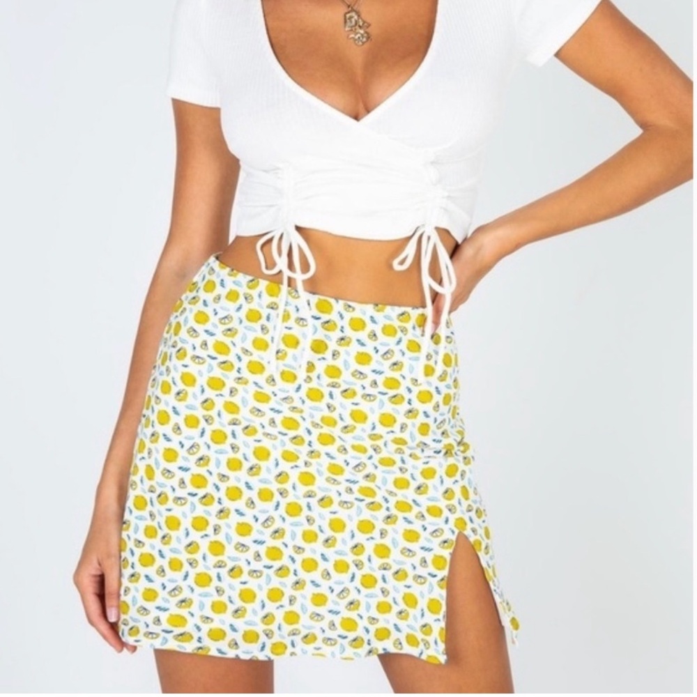 PRINCESS POLLY Positano Lemon Fruit Mini Skirt White Yellow Green Novelty Short